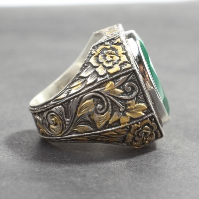 925 Sterling Silver Handcarved Emerald Cutting Stone Man Ring - 5