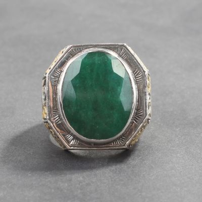 925 Sterling Silver Handcarved Emerald Cutting Stone Man Ring - 6