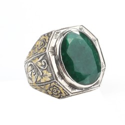 925 Sterling Silver Handcarved Emerald Stone Man Ring - Nusrettaki