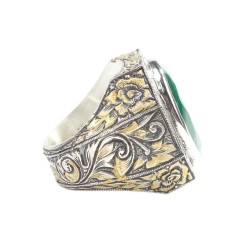 925 Sterling Silver Handcarved Emerald Stone Man Ring - 2