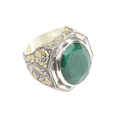 925 Sterling Silver Handcarved Emerald Stone Man Ring - 3