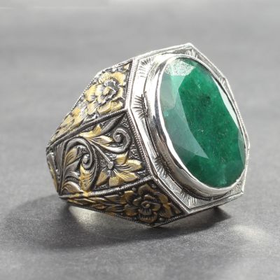 925 Sterling Silver Handcarved Emerald Stone Man Ring - 5
