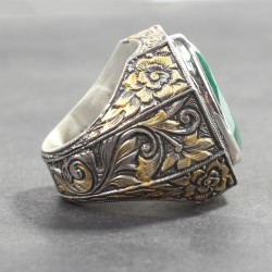 925 Sterling Silver Handcarved Emerald Stone Man Ring - 6