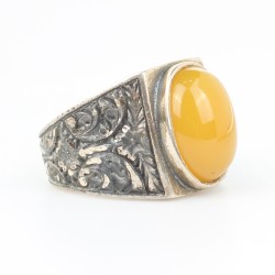 925 Sterling Silver Handcarved Men Ring with Amber - 2