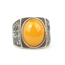 925 Sterling Silver Handcarved Men Ring with Amber - 4