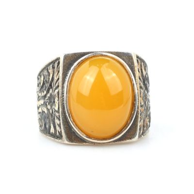 925 Sterling Silver Handcarved Men Ring with Amber - 4