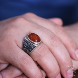 925 Sterling Silver Handcarved Men Ring with Amber - Nusrettaki