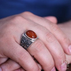 925 Sterling Silver Handcarved Men Ring with Amber - 1