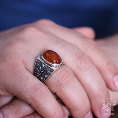 925 Sterling Silver Handcarved Men Ring with Amber - 1