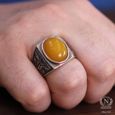 925 Sterling Silver Handcarved Men Ring with Amber - 5