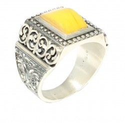 925 Sterling Silver Hand-carved Men Ring with Amber - 2