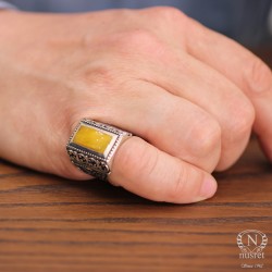 925 Sterling Silver Hand-carved Men Ring with Amber - Nusrettaki