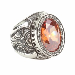 925 Sterling Silver Handcarved Rose Carved Citrine Stone Man Ring - Nusrettaki