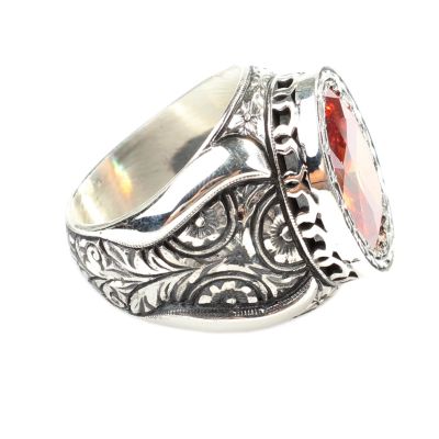 925 Sterling Silver Handcarved Rose Carved Citrine Stone Man Ring - 3