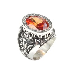 925 Sterling Silver Handcarved Rose Carved Citrine Stone Man Ring - 4
