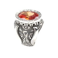 925 Sterling Silver Handcarved Rose Carved Citrine Stone Man Ring - 5