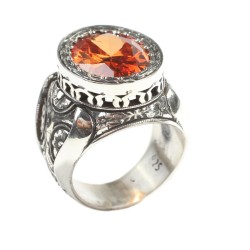 925 Sterling Silver Handcarved Rose Carved Citrine Stone Man Ring - 6