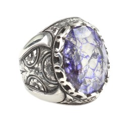 Nusrettaki - 925 Sterling Silver Handcarved Rose Carved Crystallized Sapphire Stone Man Ring