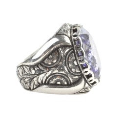 925 Sterling Silver Handcarved Rose Carved Crystallized Sapphire Stone Man Ring - Nusrettaki (1)