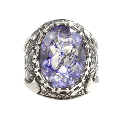 925 Sterling Silver Handcarved Rose Carved Crystallized Sapphire Stone Man Ring - 3