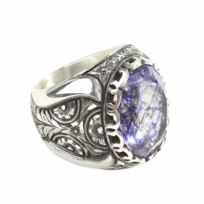 925 Sterling Silver Handcarved Rose Carved Crystallized Sapphire Stone Man Ring - 4