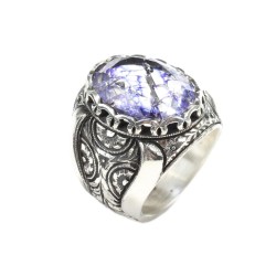 925 Sterling Silver Handcarved Rose Carved Crystallized Sapphire Stone Man Ring - 5