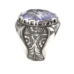 925 Sterling Silver Handcarved Rose Carved Crystallized Sapphire Stone Man Ring - 6