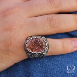 925 Sterling Silver Handcarved Rose Carved Crystallized Sultannite Stone Man Ring - Nusrettaki