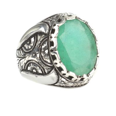 925 Sterling Silver Handcarved Rose Carved Emerald Stone Man Ring - 1