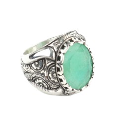 925 Sterling Silver Handcarved Rose Carved Emerald Stone Man Ring - 2
