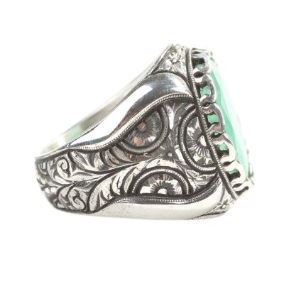 925 Sterling Silver Handcarved Rose Carved Emerald Stone Man Ring - 3