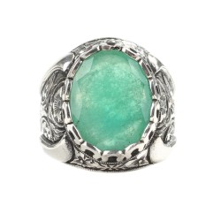 925 Sterling Silver Handcarved Rose Carved Emerald Stone Man Ring - 4
