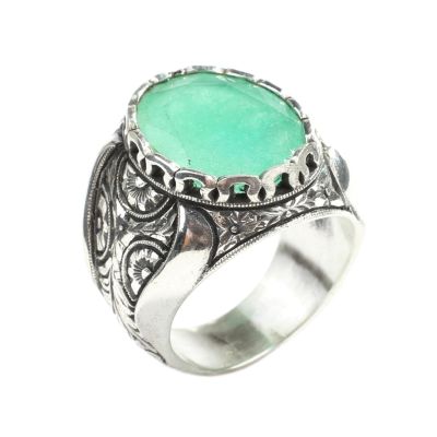 925 Sterling Silver Handcarved Rose Carved Emerald Stone Man Ring - 5