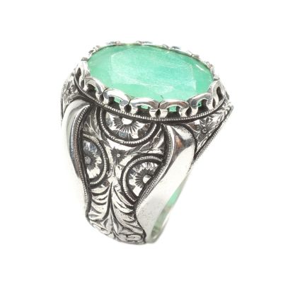 925 Sterling Silver Handcarved Rose Carved Emerald Stone Man Ring - 6