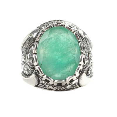 925 Sterling Silver Handcarved Rose Carved Emerald Stone Man Ring - 7