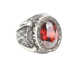 925 Sterling Silver Handcarved Rose Carved Ruby Stone Man Ring - Nusrettaki