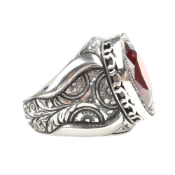 925 Sterling Silver Handcarved Rose Carved Ruby Stone Man Ring - 2