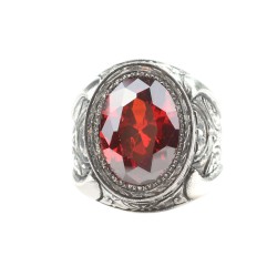 925 Sterling Silver Handcarved Rose Carved Ruby Stone Man Ring - 3