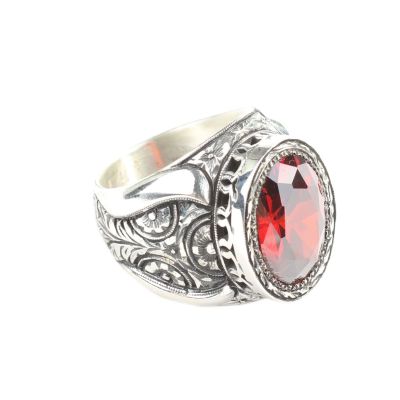 925 Sterling Silver Handcarved Rose Carved Ruby Stone Man Ring - 4