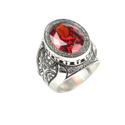 925 Sterling Silver Handcarved Rose Carved Ruby Stone Man Ring - 5