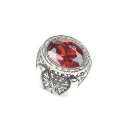 925 Sterling Silver Handcarved Rose Carved Ruby Stone Man Ring - 6