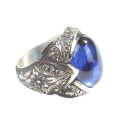 925 Sterling Silver Handcarved Sapphire Stone Man Ring - Nusrettaki