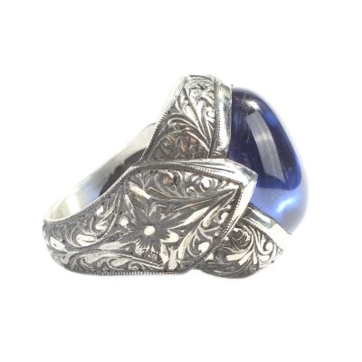 925 Sterling Silver Handcarved Sapphire Stone Man Ring - 2