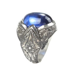 925 Sterling Silver Handcarved Sapphire Stone Man Ring - 4