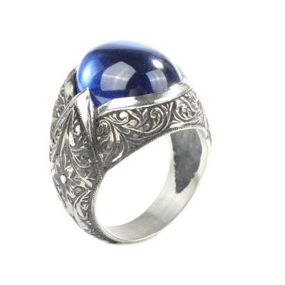 925 Sterling Silver Handcarved Sapphire Stone Man Ring - 5