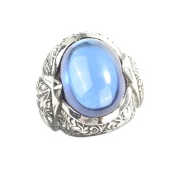 925 Sterling Silver Handcarved Sapphire Stone Man Ring - 6