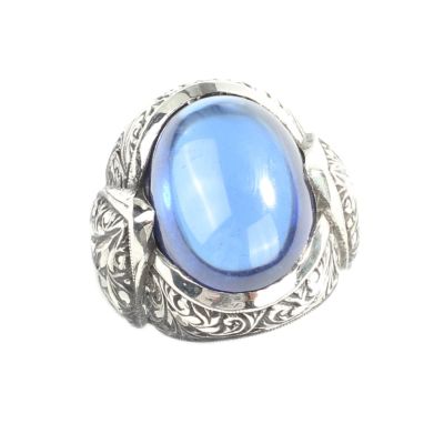 925 Sterling Silver Handcarved Sapphire Stone Man Ring - 6