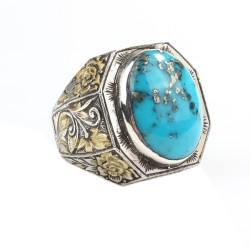925 Sterling Silver Handcarved Turquoise Stone Man Ring - 1