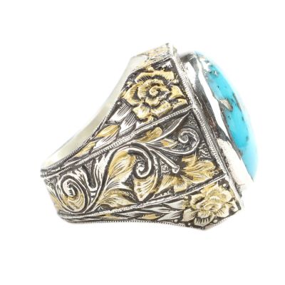925 Sterling Silver Handcarved Turquoise Stone Man Ring - 2