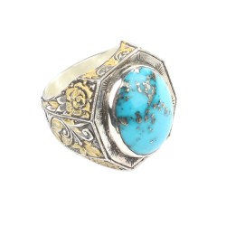 925 Sterling Silver Handcarved Turquoise Stone Man Ring - 3